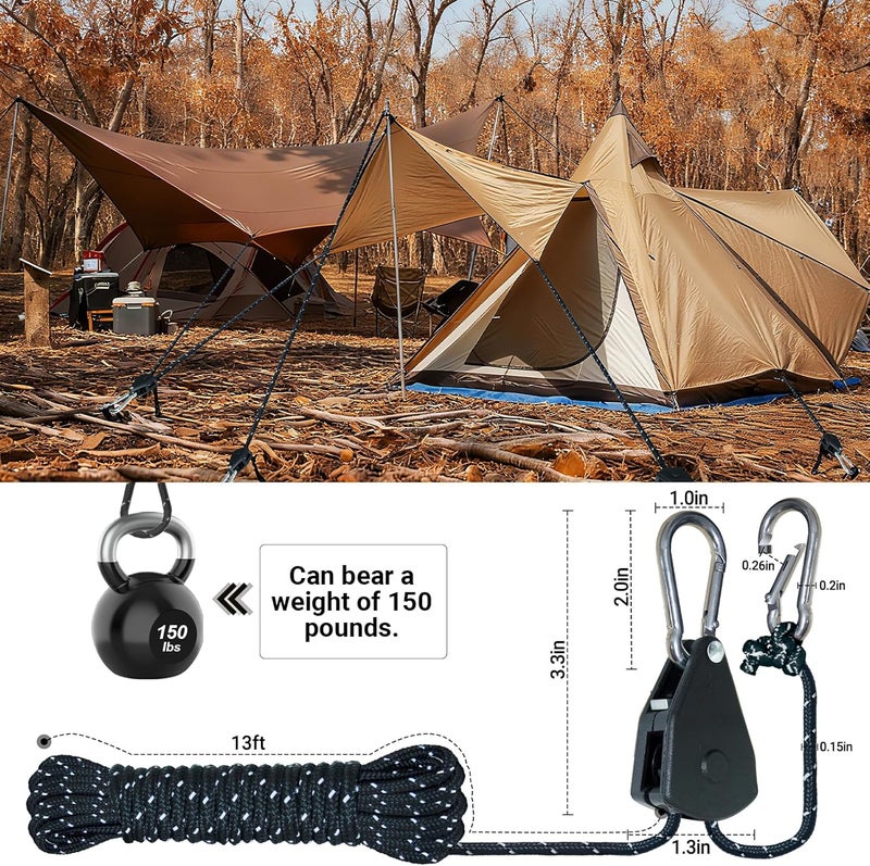 Keepark Camping Rope Tarp Tie Down Ropes with Ratchet System, Pulley & Reinforced Metal Gear - Heavy Duty Adjustable Guy Lines for Canopy Tent, Quick Setup Outdoor Strap (1/6-Inch Diameter x 16 Feet Long) - Image 5